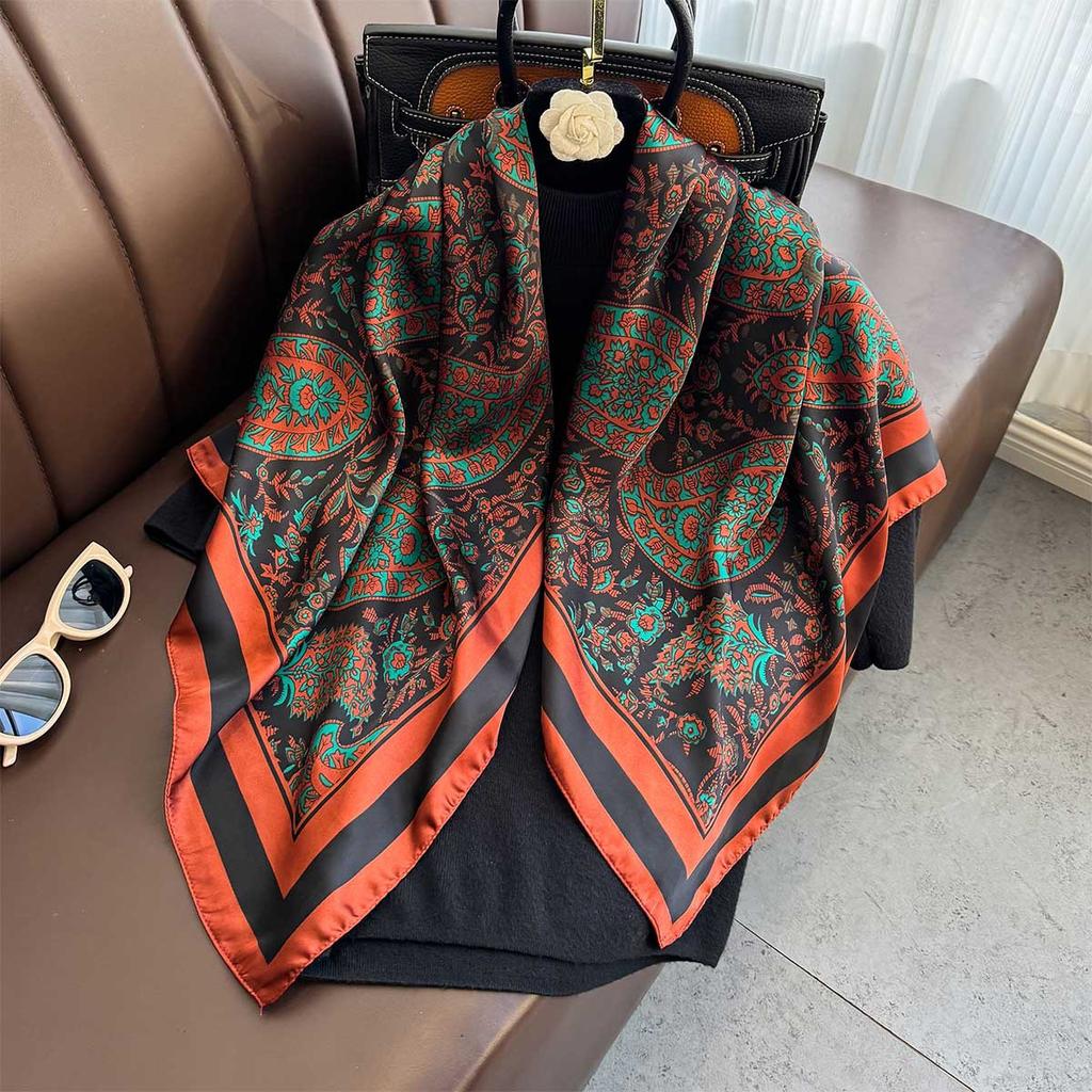 90×90Cm  Satin Shawl Design Flowers Silk Square Women Neck Scarves Wrap Headkerchief Beach Hair Band Women'S Bandana