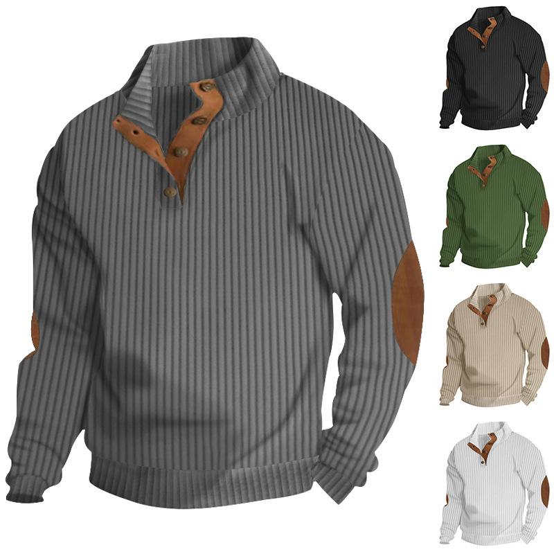 European and American Style Men's Spring Autumn Sweatshirt Fashion Casual Buttoned Stand Collar Top Long Sleeve T-shirt