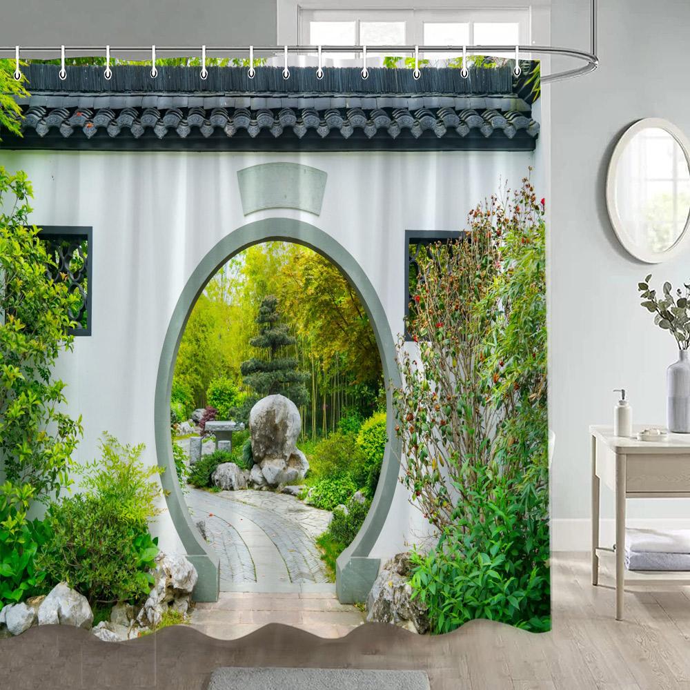 Chinese Style Garden Shower Curtains Green Bamboo Plants Arches Moon Door After Rain Landscape Polyester Bathroom Curtain Decor