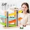 Indoor Playroom Racing Toy Wooden Ramp Racer Car Toy 4 Numbered Mini Cars And Parking Lot Educational Design Development Hand-eye Coordination