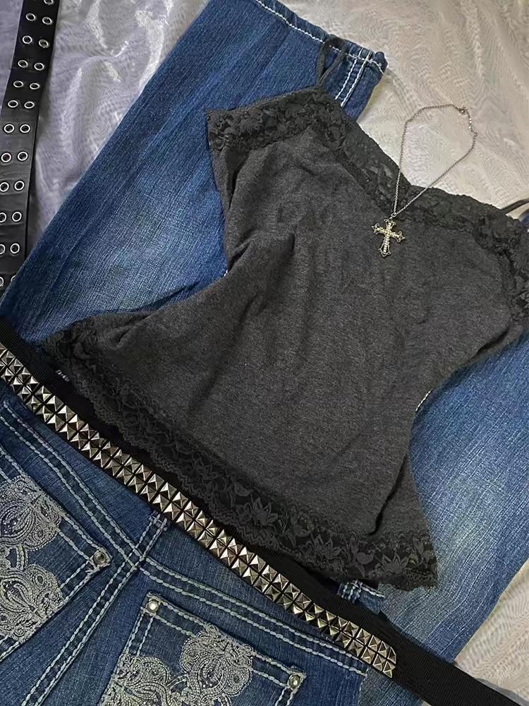 Cool Punk Harajuku Lace Solid Color Y2k Tank Top Casual Hip Hop Sleeveless Top Unique Grunge Goth Crop Top Streetwear Vest Retro