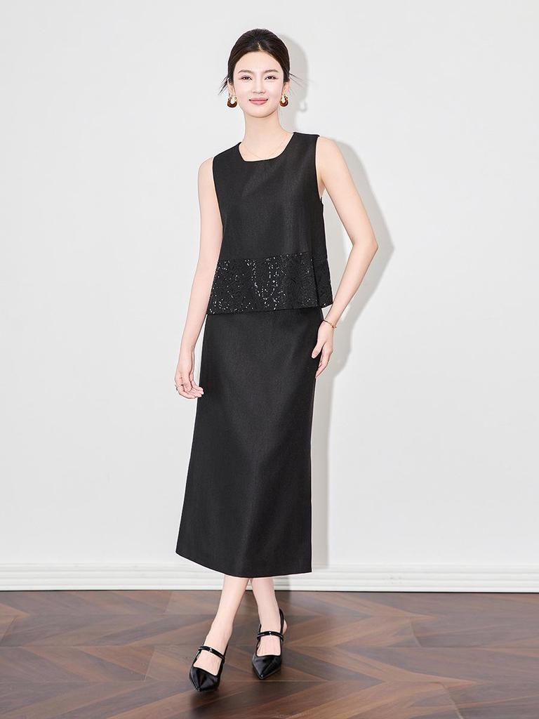 French Sequin Embroidery Vest & Tencel Midi Skirt Two-Piece Set for Women