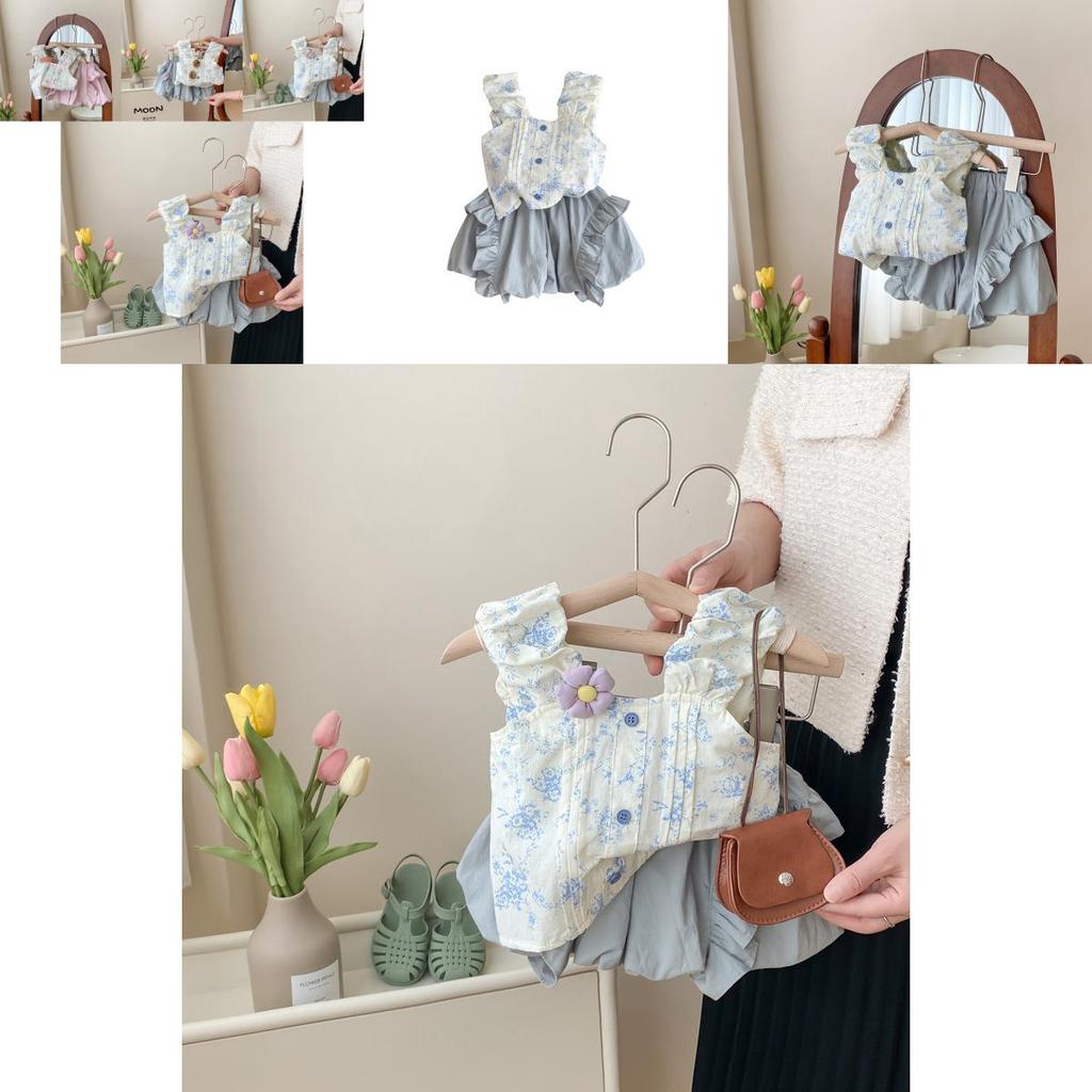 Cute Sweetheart Blue Floral Sleeveless Top And Short Pants Baby Girl Set