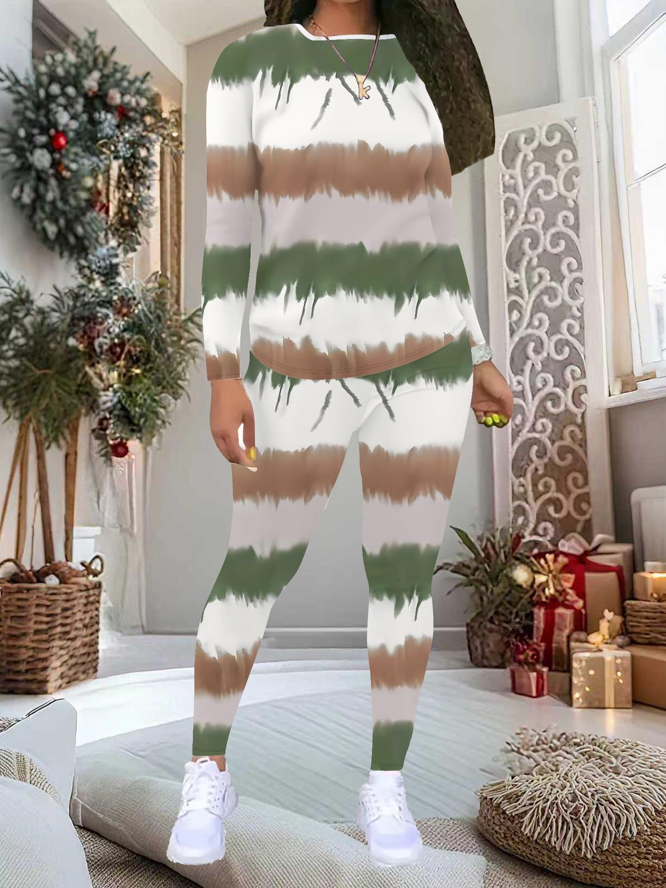 

Женский костюм-двойка с цветочным принтом: Топ с длинным рукавом и круглым вырезом и брюки, праздничный лимитированный повседневный костюм для вечеринки в подарок XXL зелёный