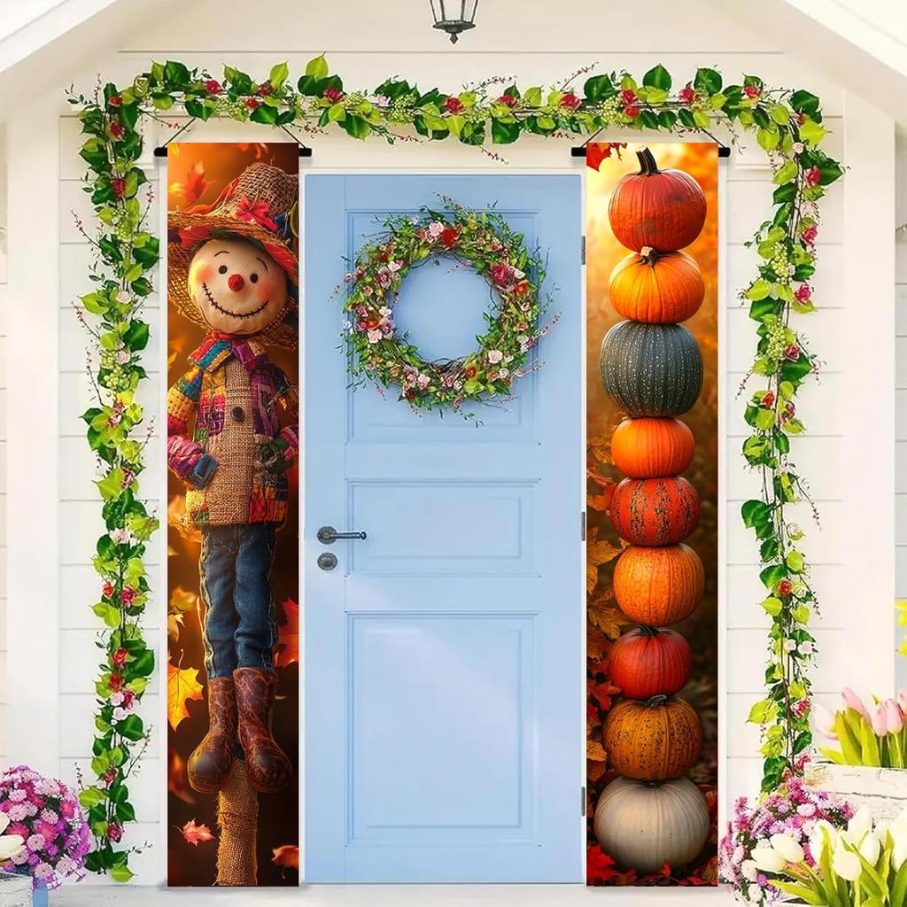 Thankgiving Vertical Door Banners 12x71 Inch Scarecrow Pumpkin Stack Front Door Decor Fall Harvest Hanging Porch Sign Outdoor Seasonal Backdrop Photo