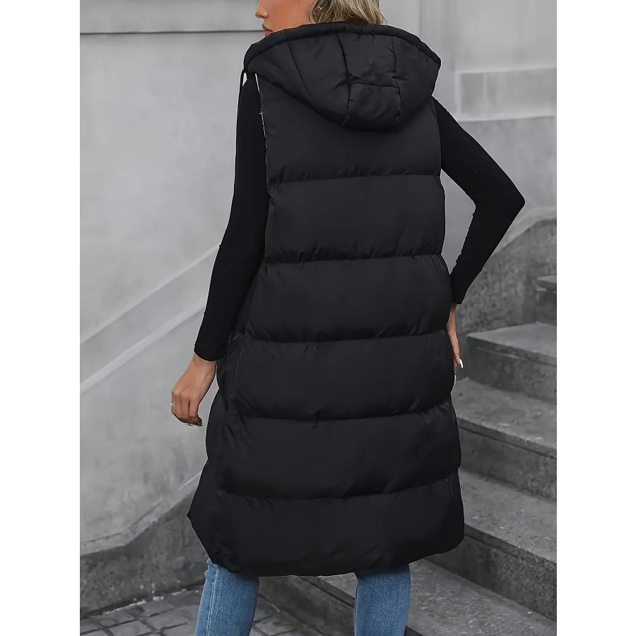 Zip-up Hoodie Puffy Vest, Casual Sleeveless Slant Pockets Warm Midi Vest For Fall & Winter, Women's Clothing