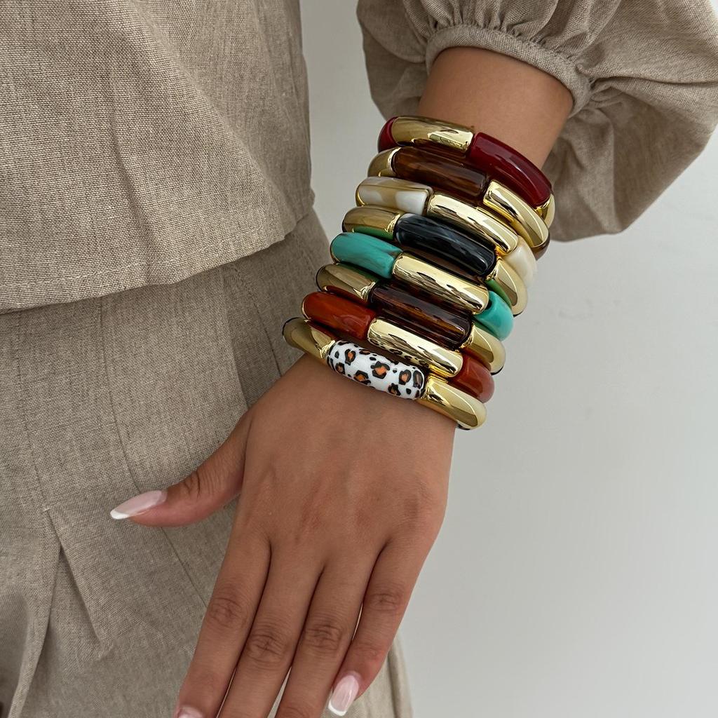 Bamboo Resin Leopard Joint Print Elastic Bracelet With Colorful Patchwork Bent Tube Design