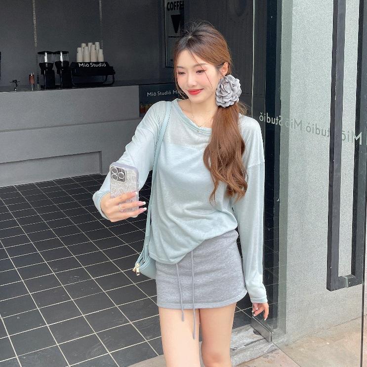 Summer Women's Loose Long Sleeve Blouse Bottom Shirt Thin Round Neck Sun Shirt Pullover Air Conditioner Hoodie