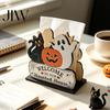 Seasonal Tabletop Ornament Halloween Wooden Napkin Holder, Ghost Pumpkin Decorative Tissue Dispenser, Solid Wood Rack Paper Storage Organizer