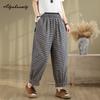 Pantaloni Harem Donna Stile Coreano Primavera Estate Vita Elastica Cotone a Quadri Sottili Pantaloni Casual Larghi Vintage Pantaloni Basic da Donna