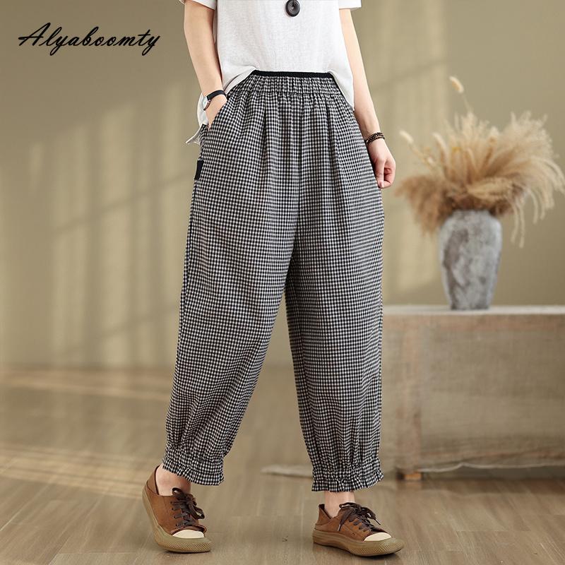 Pantaloni Harem Donna Stile Coreano Primavera Estate Vita Elastica Cotone a Quadri Sottili Pantaloni Casual Larghi Vintage Pantaloni Basic da Donna