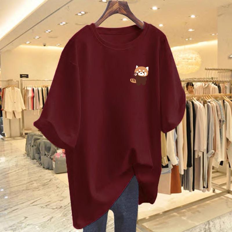 2025 Women's Summer Loose Fit Letter Print Round Neck Mid-Length T-Shirt