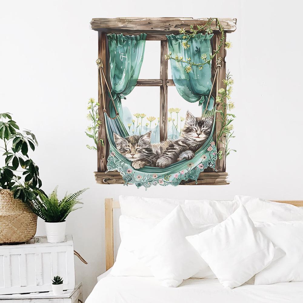 Fake Window Cartoon Kitten Sleeping Children Bedroom Home Beautification Wall Stickers