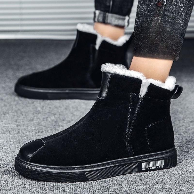Men's Winter Leisure Outdoor Leather Fur Lined Patchwork Fleece Lined Thickened Snow Boots Warm Cold Resistant Cotton Shoes