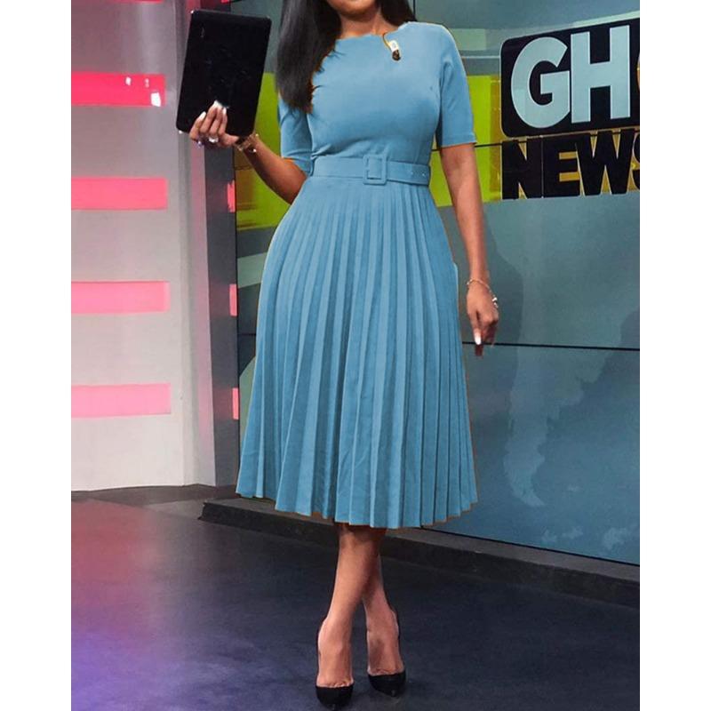 

YYFS Женская мода лето весна однотонный принт короткий рукав О-образный вырез высокая талия повседневные платья XXXL светло-синий