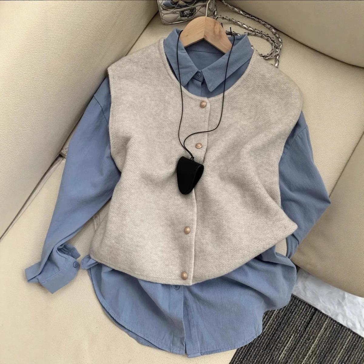 Корейский ретро синий комплект из двух предметов: рубашка с отложным воротником и вязаный жилет M (80-105 jin)
