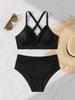 Tvådelad Baddräkt Enfärgad Rynkad Hög Midja Sexig Bikini Set Elegant