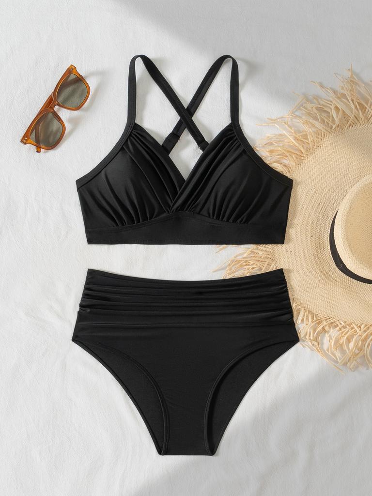 Tvådelad Baddräkt Enfärgad Rynkad Hög Midja Sexig Bikini Set Elegant