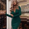 IELGY New Product Women's Dress Explosion Style Deep V Pleated Hip Bag Long Sleeve Solid Color Dress