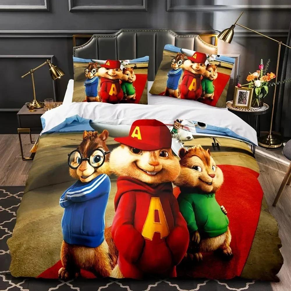 3D Printed Cartoon Chipmunks Alvin Bedding Set Duvet Cover Bed Set Quilt Cover Pillowcase Comforter King Queen Size Boys Adult