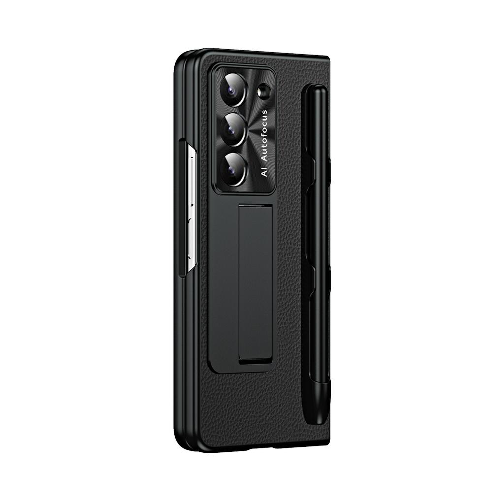 Plating Litchi PU Leather Glass Front Film with Pen Phone Case for Samsung Galaxy Z Fold 7 6 5 4 3 Hinge Protection Cover