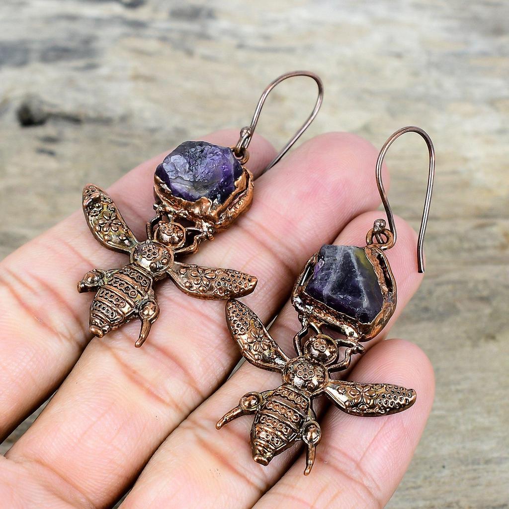 African amethyst rough earring electroformed copper earrings honey bee earring handmade jewelry wedding gifts very pretty gemstone earrings