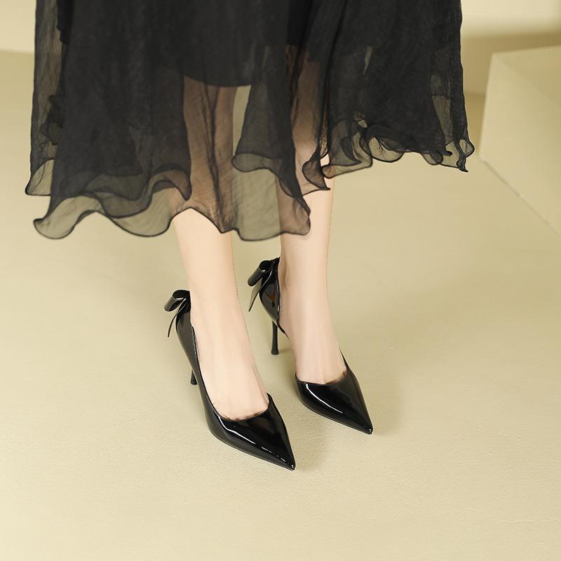 6-1 pointed thin heel high heels women's side empty bow high heel single shoes nude professional work shoes
