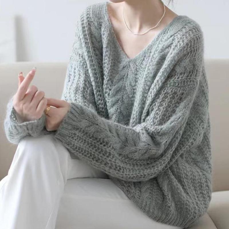 Women's French Lazy Style Soft Solid-Color Early Autumn Lightweight Knit Sweater Gentle Temperament V-Neck Top