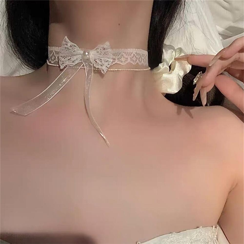 1ks módní a sexy mašle bílá umělá krajka náhrdelník na krk elegantní krajkový náhrdelník s mašlí krátký řetízek