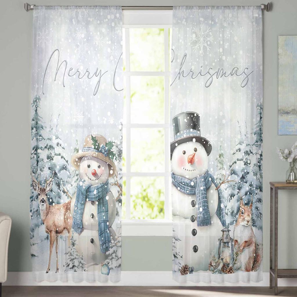 Christmas Snowman Tree Elk Squirrel Curtains For Living Room Tulle Window Curtain Bedroom Kitchen Veil Drapes