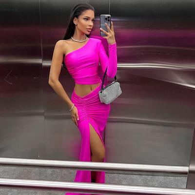 Personality Create Women's Dress Solid Color Bright Oblique Shoulder Single Sleeve Crop Pleats Split Dinner Temperament Dress