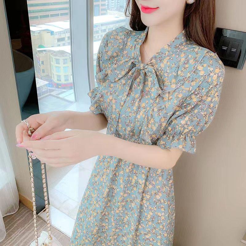 Goddess Style Slimming Ruffled Floral Tea-length Dress