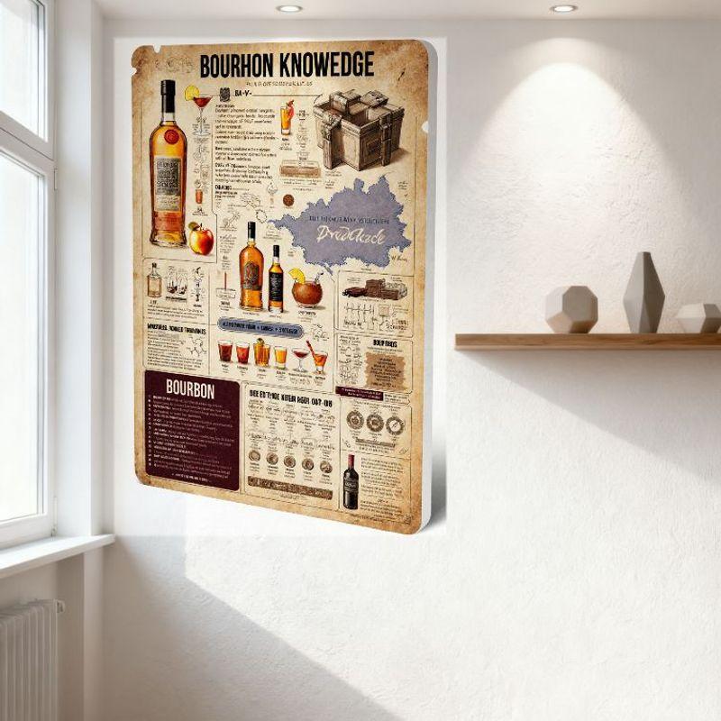 Vintage Bourbon Knowledge Metal Tin Sign - Bourbon Whiskey Infographic Wall Art for Bar Club Man Cave Home Decor with Production