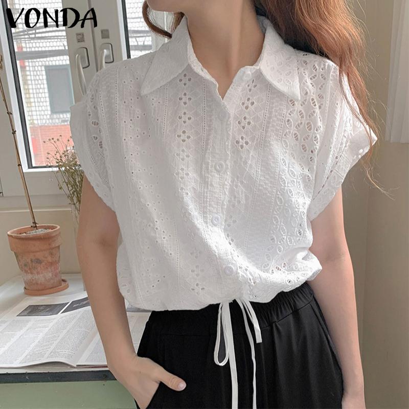 

VONDA Women Lapel Short Sleeve Front Embroidery Crochets Lace-up Casual Blouse 2XL рожевий