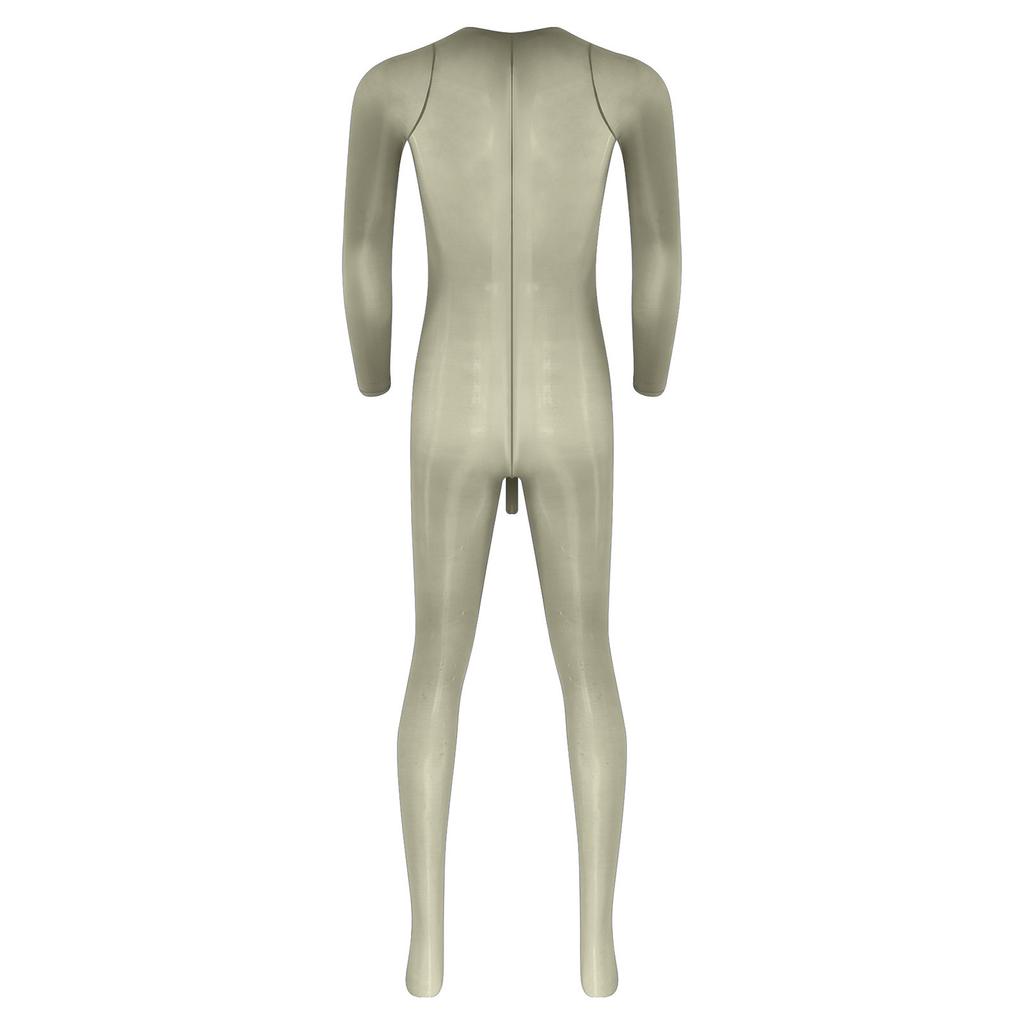 Herren Glänzender Fußbodysuit Jumpsuit Rundhalsausschnitt Langarm Scheide Öffnung Sehr Dehnbar Glänzend Nachtwäsche
