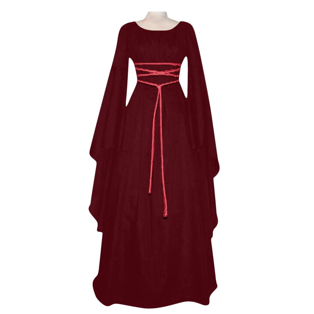 Women's Long Sleeved Round Neck Belt Irregular Dress Halloween Costume
