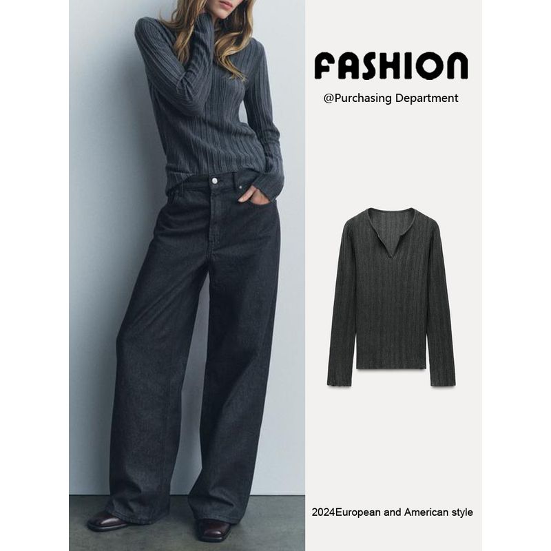 Za2025 Spring New Women's Clothing Easiest for Match Long Sleeves Silm Slim Looking Slit Knitted Rib T-shirt 8779464