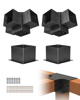 Kit de Soportes para Pérgola, 6x6 Pulgadas (Tamaño interior 142 x 142 mm), 2 Piezas Escuadra de Esquina de 4 Vías de Alta Resistencia Carpintería Bricolaje Kit de Base para Poste