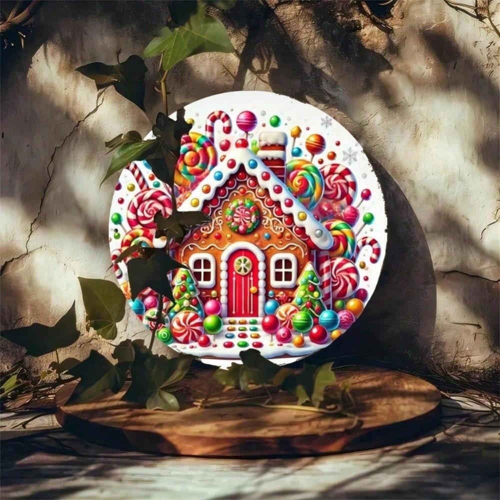 1pc Christmas Gingerbread House Metal Sign, Holiday Round Tin Plate Wall Art, Vintage Candy Decor for Home Bar Cafe