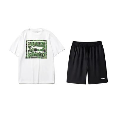 Li Ning Logo Printed Round Neck Short Sleeve T-Shirt Fashion Loose Comfortable Versatile Shorts Casual Sports Set Unisex Sets AHSU999-1+AKSV843-1