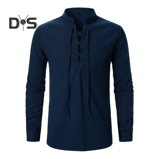 Весна Осень Мужская Рубашка На Шнуровке Воротник-стойка Длинные Рукава С Запонками Однотонный Свободный Ретро Средневековый Средневековый Средневековый Топ Средней Длины Повседневный Офисный Топ S темно-синий