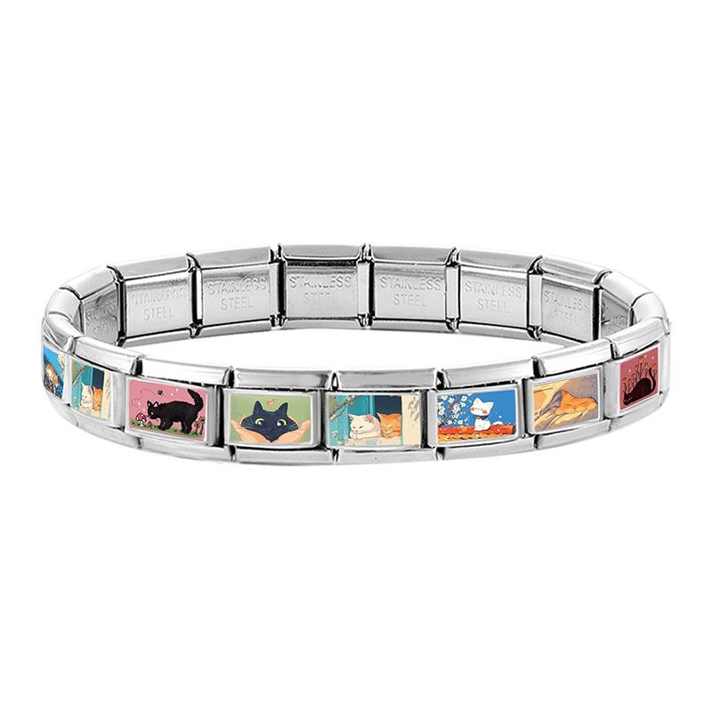 Women's Gift Cute Cat Looks At The Cake DIY Italian Charm Links Beads Fit 9mm Stainless Steel Modular Bracelet Jewelry Gift