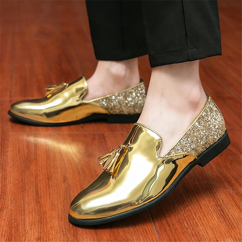 Fashion Men's Gold Black Sequin Tassels Patent Leather Casual Shoes Male Formal Wedding Dress Homecoming Footwear Zapatos Hombre