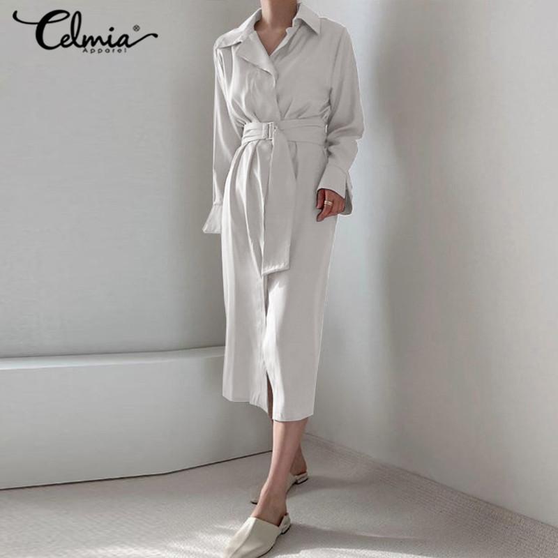 

Celmia Женское длинное платье OL с длинными рукавами с длинными рукавами и воротником с лацканом однотонное повседневное свободное платье-рубашка макси больших размеров