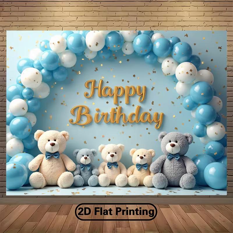 2D Cute Teddy Bear Backdrop, "Happy Birthday" Blue Balloons Party Background