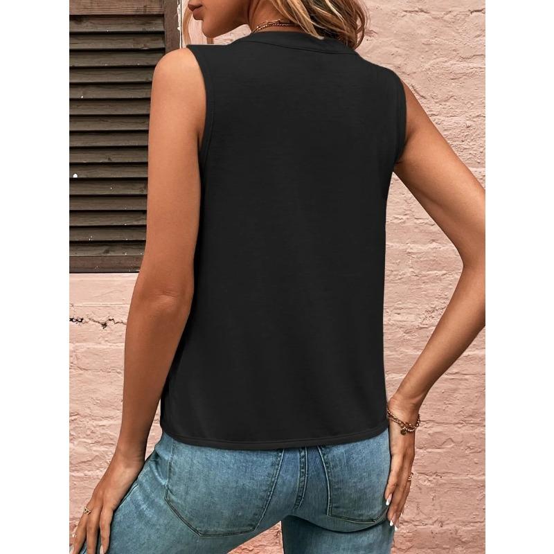 VEZFAA Moda dame ocazional vară primăvară imprimeu culoare uni fără mâneci cu decolteu în V bluze și cămăși