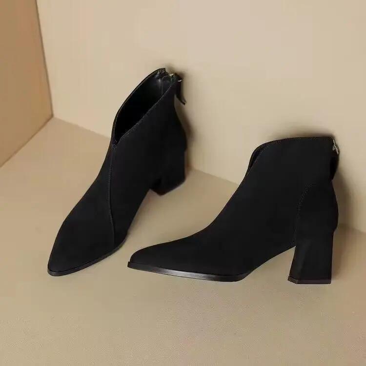 Women Ankle Boots Solid Color Pointed Toe Thick Heel Comfortable Zipper Platform Wedges Retro Short Booties Cowboy Shoes Female