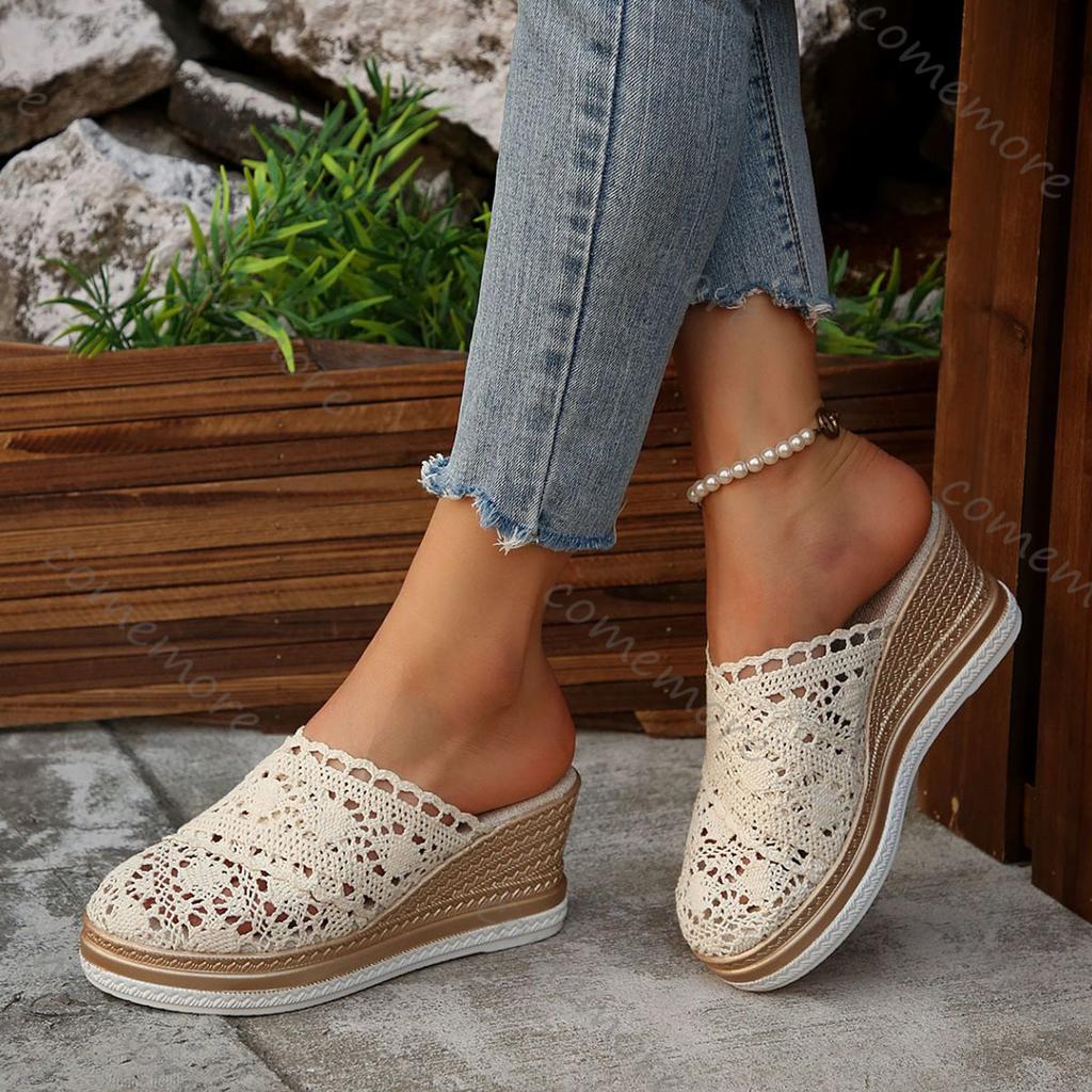 Fashion Comemore Closed Toe Wedge Heels Slippers for Women Summer Hollow Out Breathable Platform Sandals Woman Lightweight Wedge Shoes