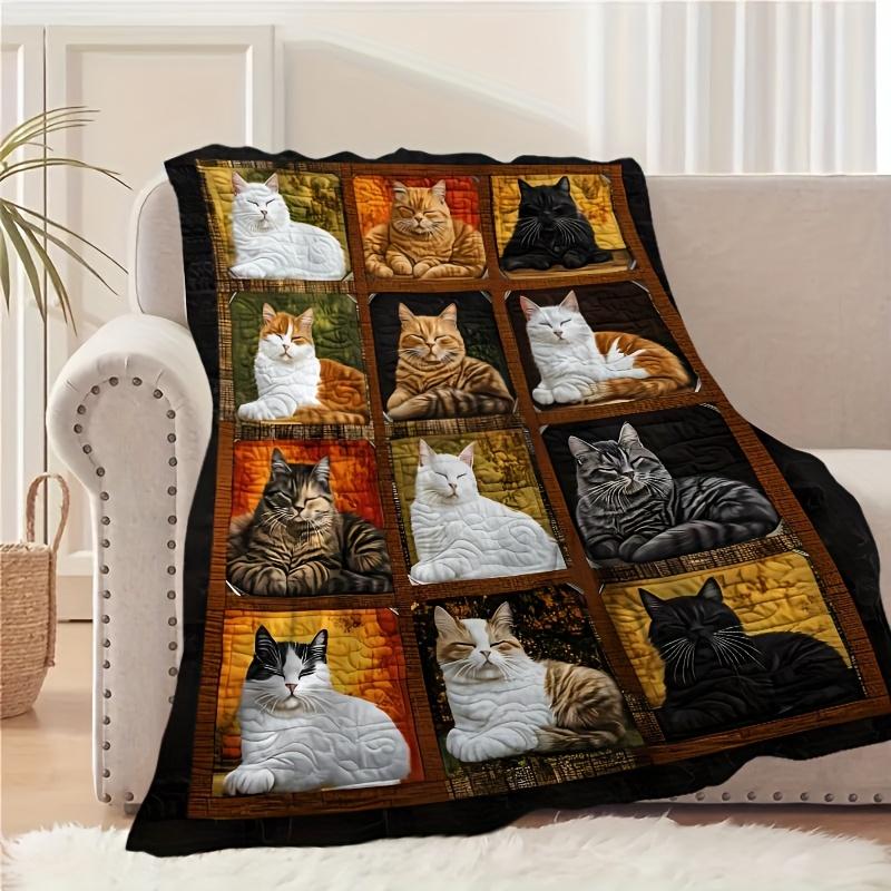 Vintage Cat Painting Flannel Throw Blanket, Soft All-Season Gift for Family Friends, Multipurpose  Sofa Nap Office Camping Decor 75x90cm