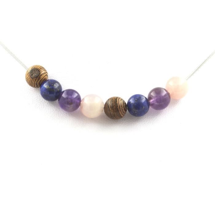 Collier - ABIJOUX - Perles Quartz Rose, Améthyste, Lapis Lazuli - 8 mm - Acier inoxydable - Mixte